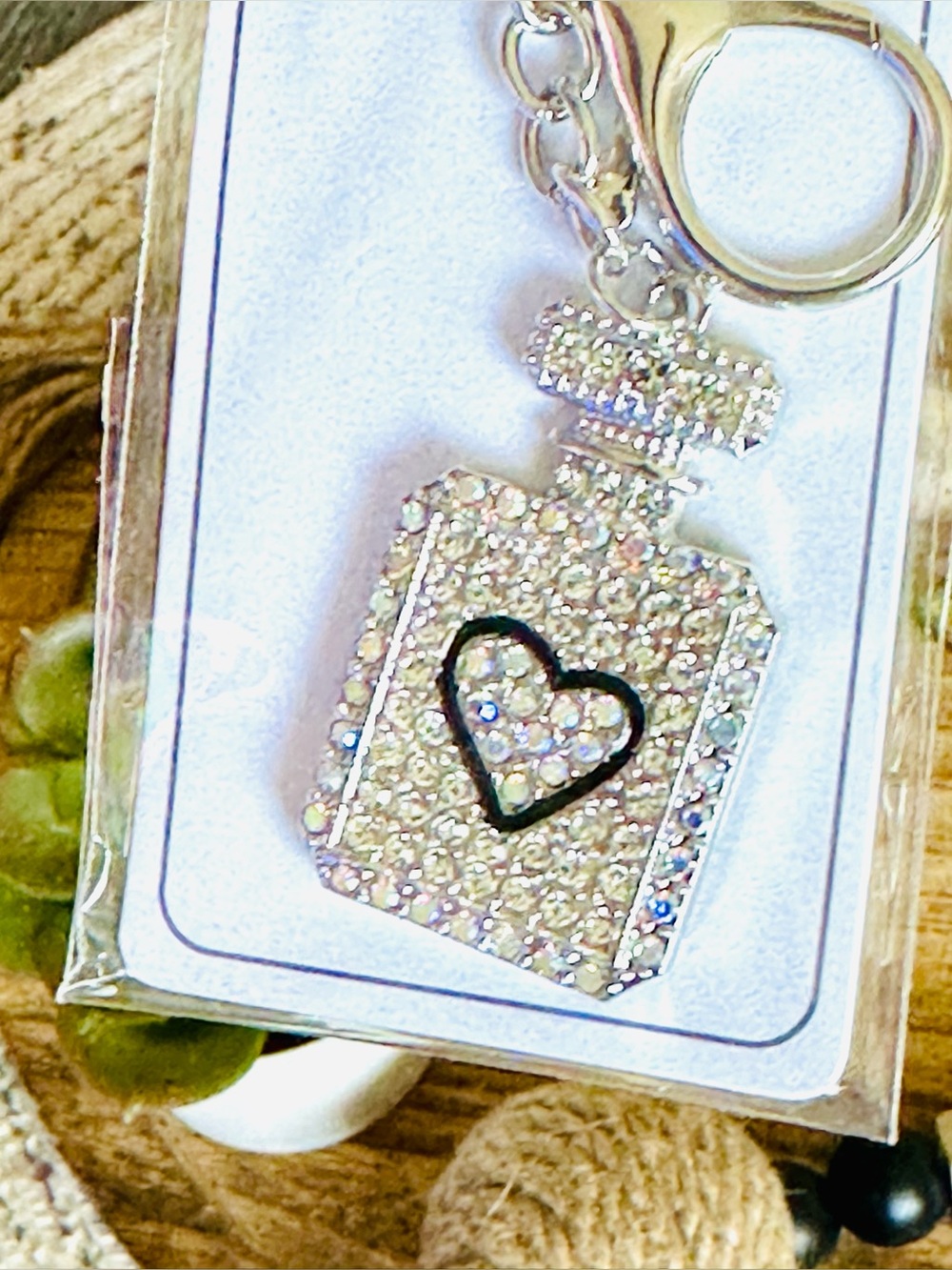 NWT Silver Crystal Bag Charm Keychain Perfume Bottle w/ Black Enameled Heart